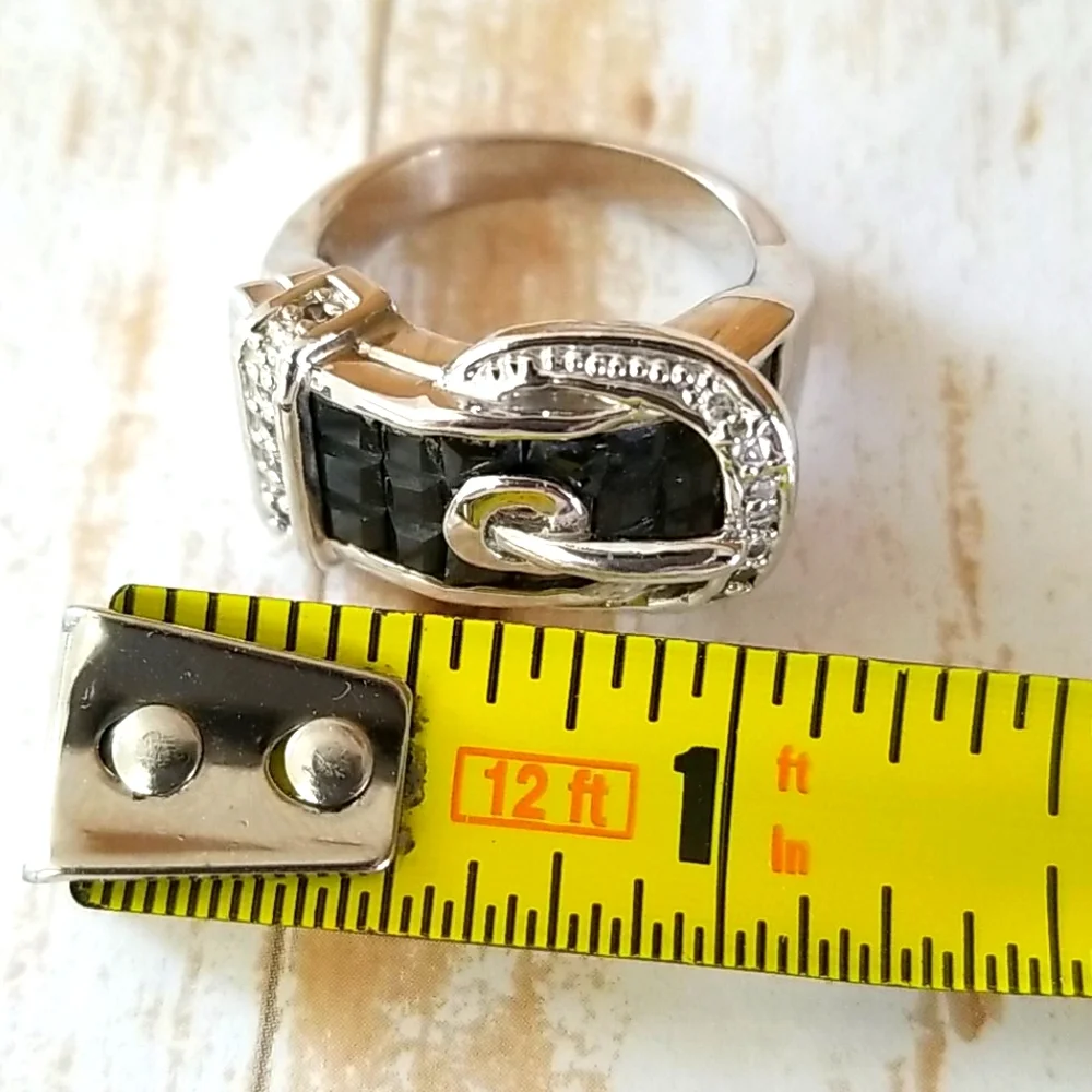 NWT Silver Tone and Black Crystal Rhinestone Belt Buckle Ring SZ 8 - Picture 15 of 16